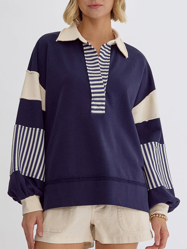 Madisyn Women's Sweatshirt Oversized Polo Neck Striped Colorblocking Top