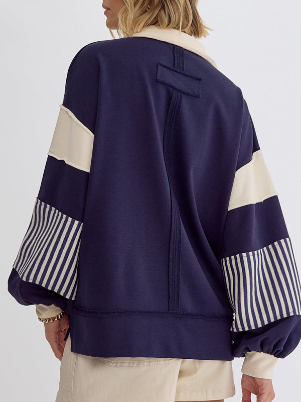 Madisyn Women's Sweatshirt Oversized Polo Neck Striped Colorblocking Top