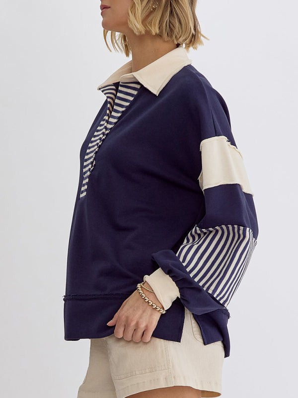 Madisyn Women's Sweatshirt Oversized Polo Neck Striped Colorblocking Top