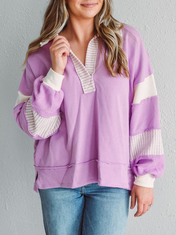 Madisyn Women's Sweatshirt Oversized Polo Neck Striped Colorblocking Top