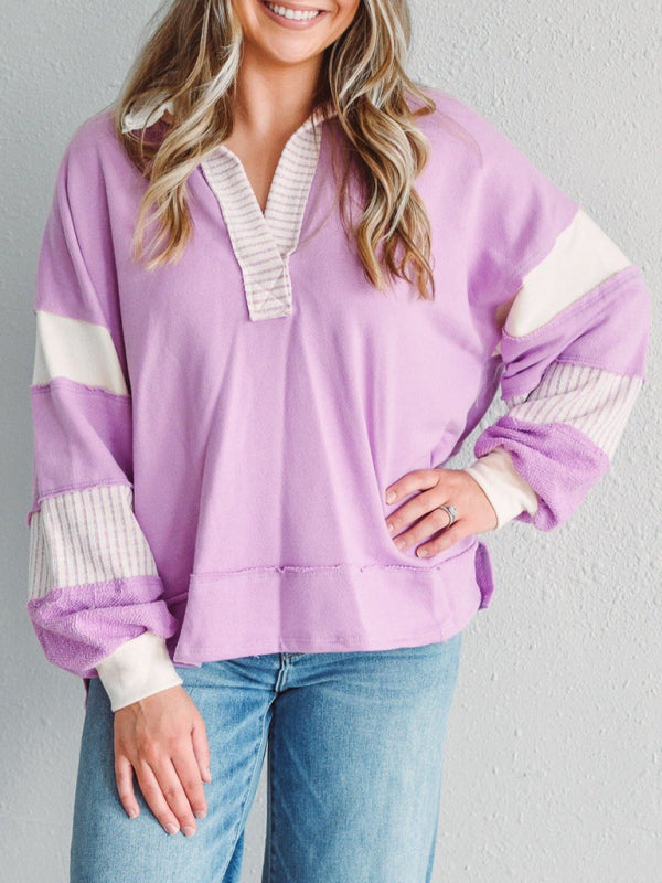 Madisyn Women's Sweatshirt Oversized Polo Neck Striped Colorblocking Top