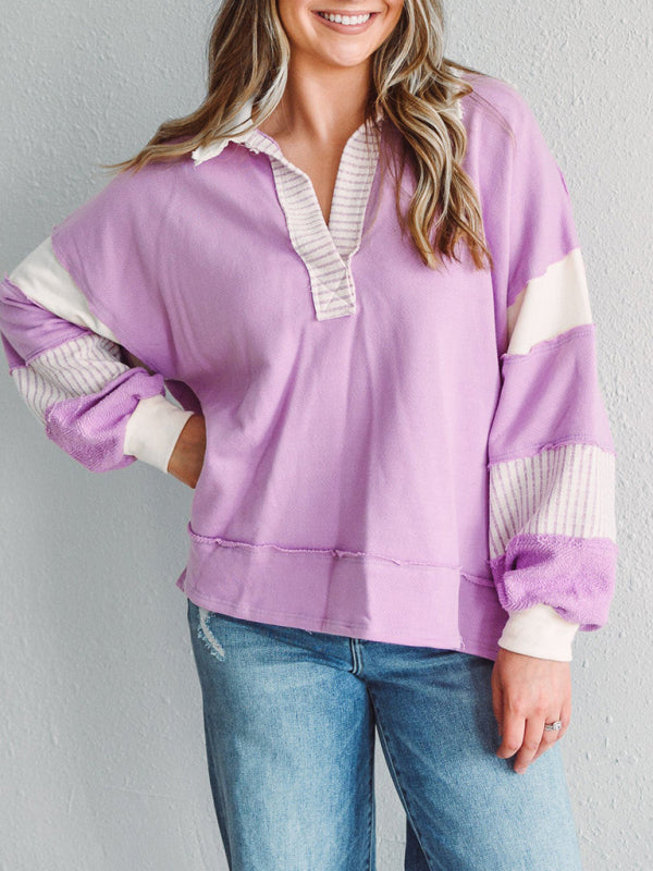 Madisyn Women's Sweatshirt Oversized Polo Neck Striped Colorblocking Top