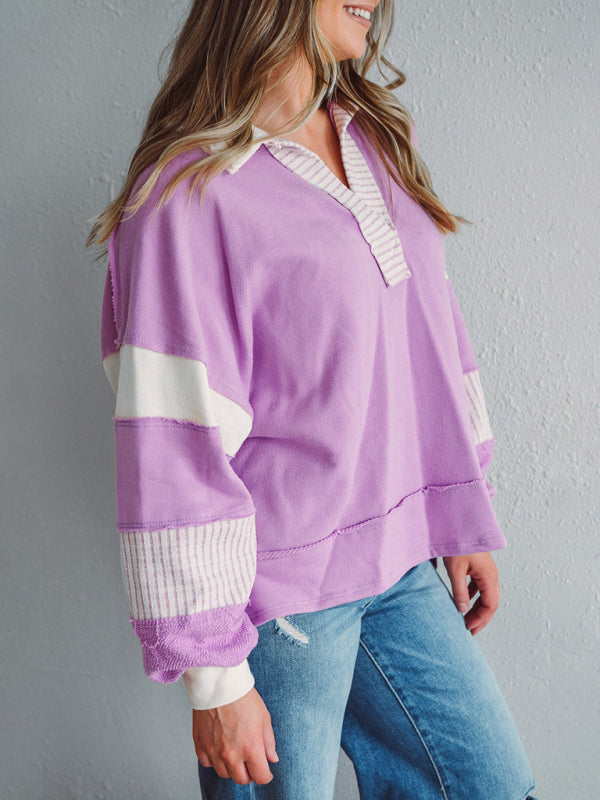 Madisyn Women's Sweatshirt Oversized Polo Neck Striped Colorblocking Top