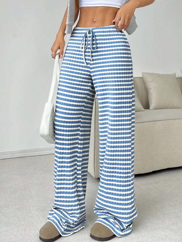 Ava Women's new casual striped solid color rubber band drawstring straight leg pants