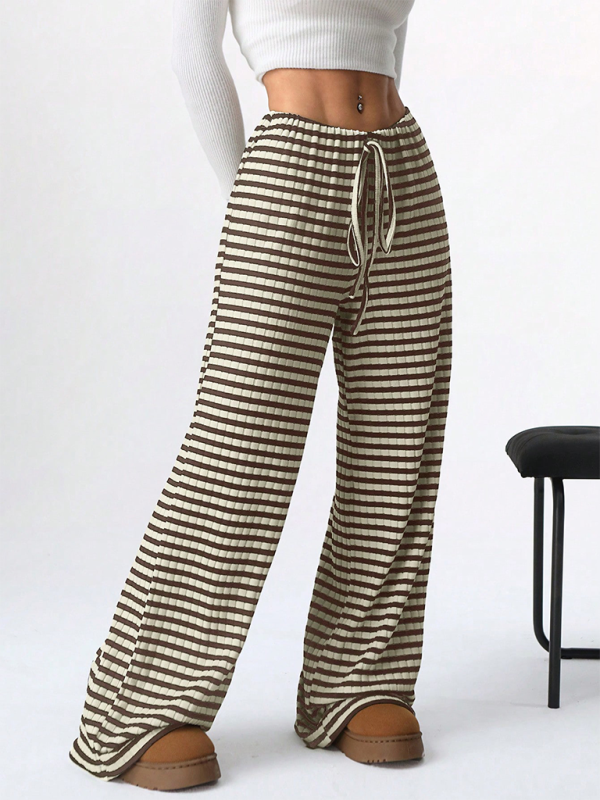 Ava Women's new casual striped solid color rubber band drawstring straight leg pants