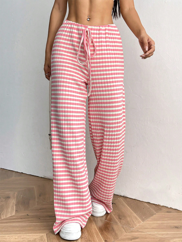 Ava Women's new casual striped solid color rubber band drawstring straight leg pants