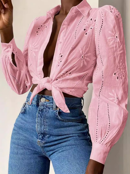Emmaline New Single Breasted Solid Color Embroidered Long Sleeve Lapel Shirt