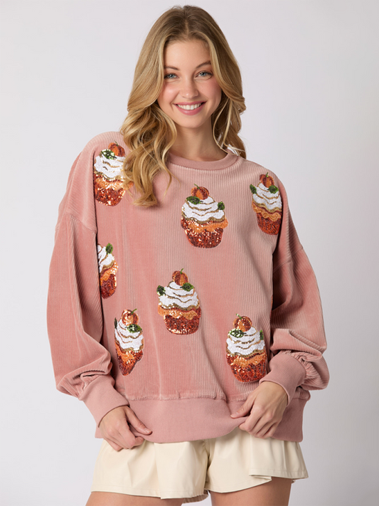 Emerson Christmas Pumpkin Cake Sequin Round Neck Loose Pullover Sweatshirt