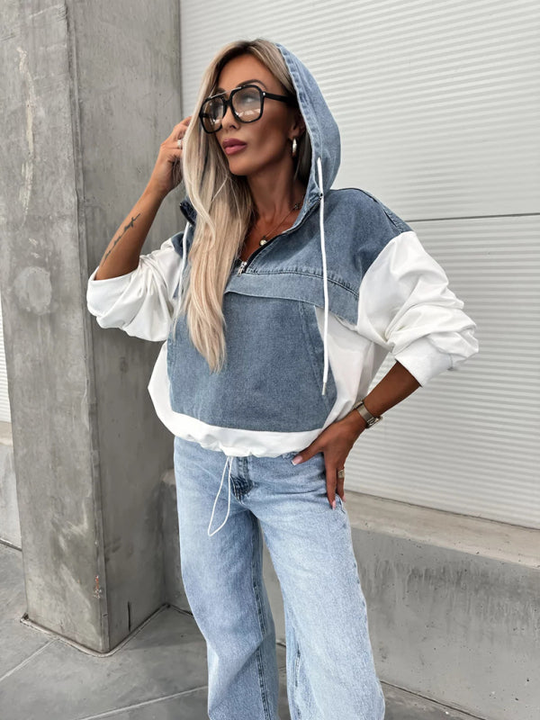 Lesly Fashion Loose Casual Washed Denim Stitching Hooded Women's Sweatshirt