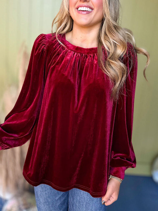 Fiora New Solid Color Pullover Round Neck Long Sleeve Top
