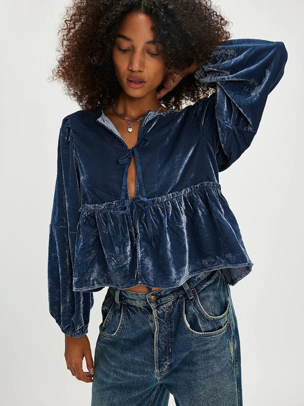 Fidelma New Women's Sweet Casual Tie Velvet Shirt