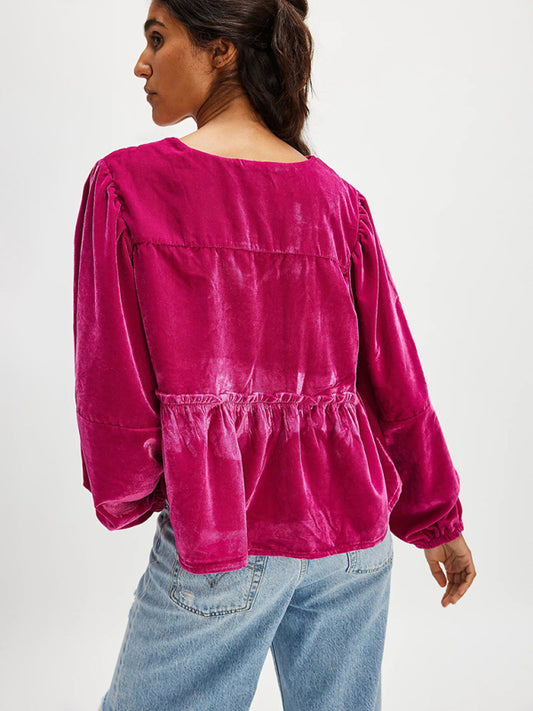 Fidelma New Women's Sweet Casual Tie Velvet Shirt