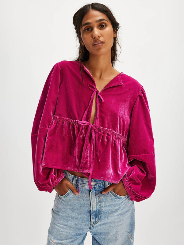 Fidelma New Women's Sweet Casual Tie Velvet Shirt