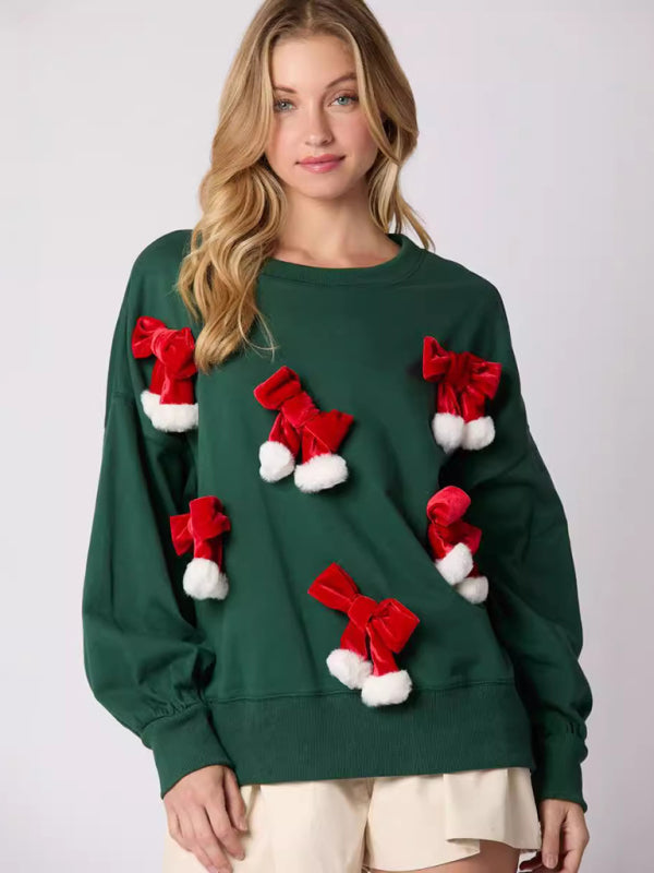 Deana Christmas Bow Decorated Top Casual Long Sleeve Pullover Sweatshirt