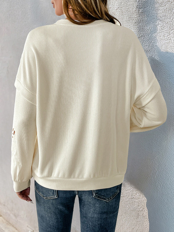 Tonia New Round Neck Sweater Casual Long Sleeve Texture Pullover Embroidery Stitching Top