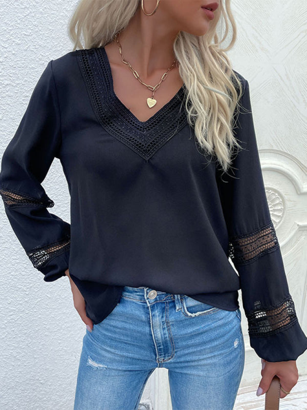 Evelise Long-Sleeved Lace Stitching Shirt Pullover V-Neck Hollow Shirt