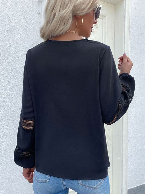 Evelise Long-Sleeved Lace Stitching Shirt Pullover V-Neck Hollow Shirt