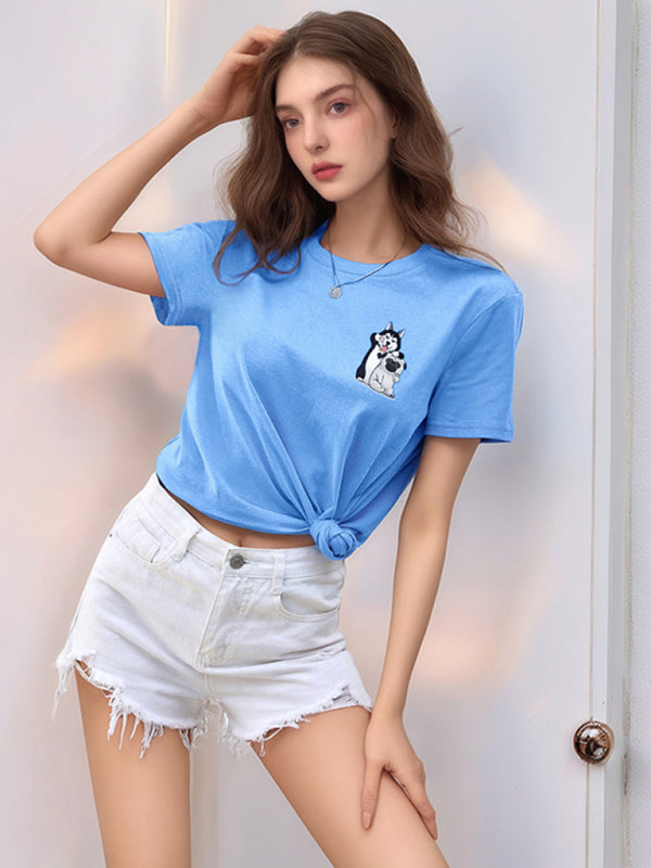 Cute Dog Cartoon Print T-Shirt | Loose Round Neck Graphic Tee for Women