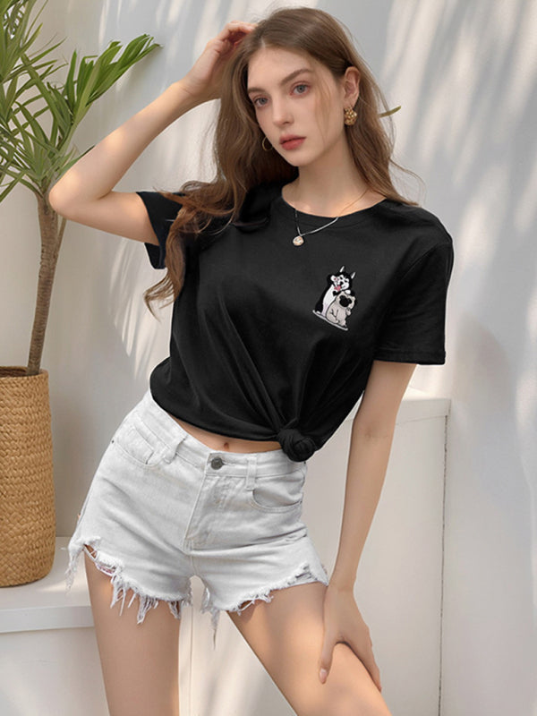 Cute Dog Cartoon Print T-Shirt | Loose Round Neck Graphic Tee for Women