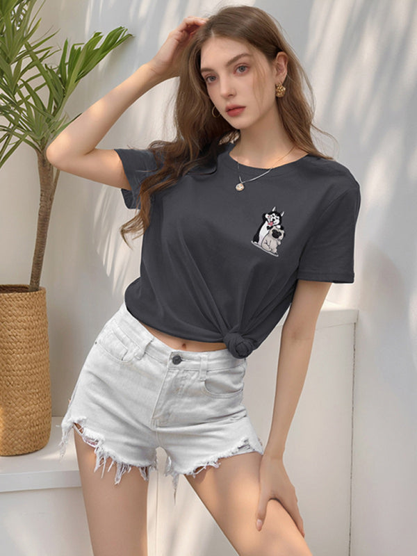 Cute Dog Cartoon Print T-Shirt | Loose Round Neck Graphic Tee for Women