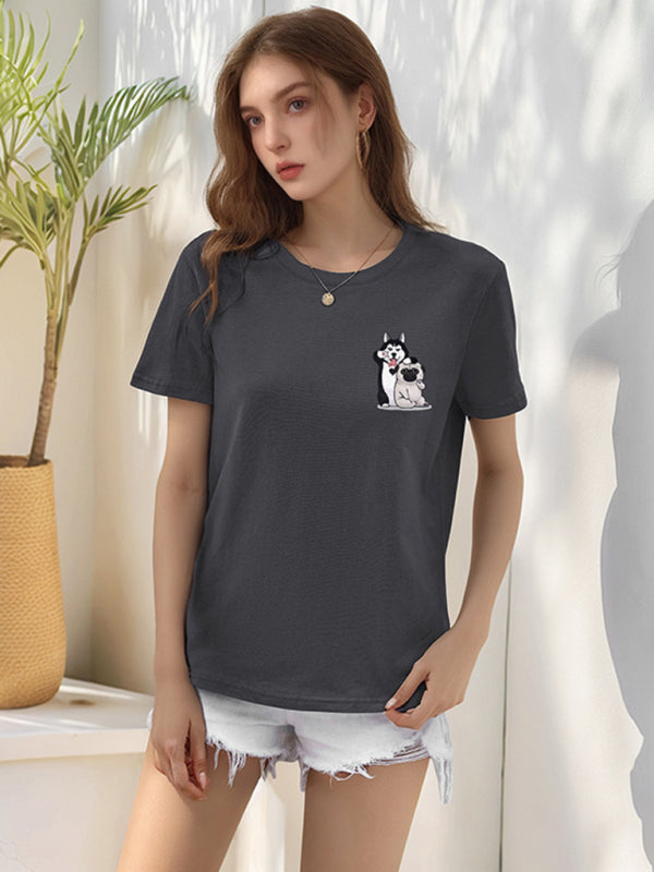 Cute Dog Cartoon Print T-Shirt | Loose Round Neck Graphic Tee for Women