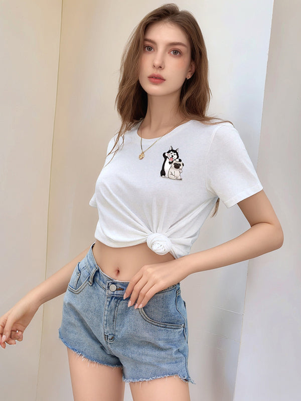 Cute Dog Cartoon Print T-Shirt | Loose Round Neck Graphic Tee for Women
