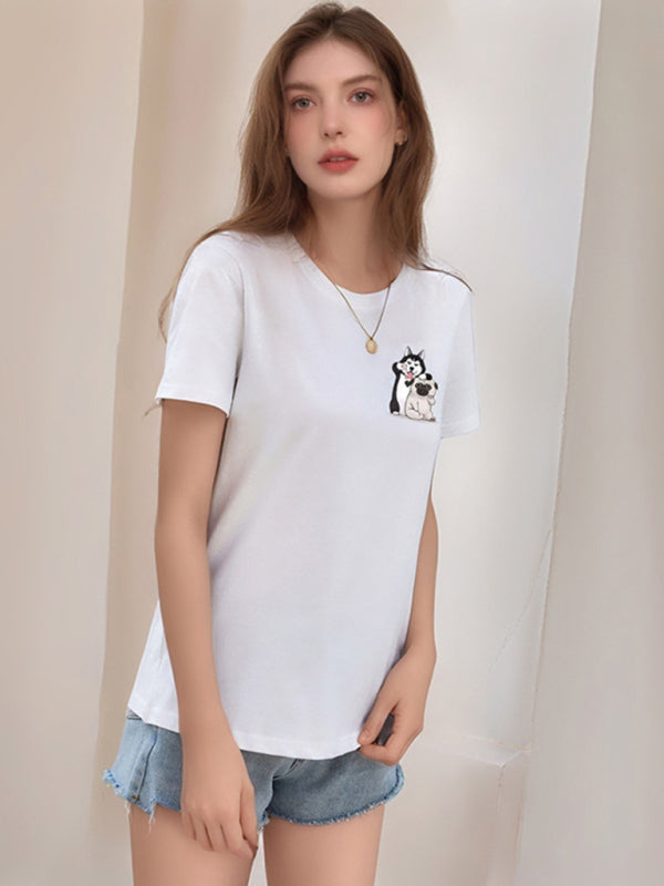 Cute Dog Cartoon Print T-Shirt | Loose Round Neck Graphic Tee for Women