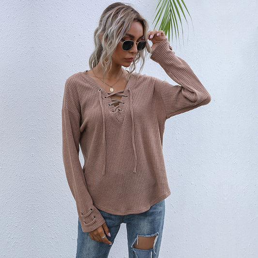 Jayme Women's Grey V-Neck Solid Color Pullover Loose Knitted Sweater