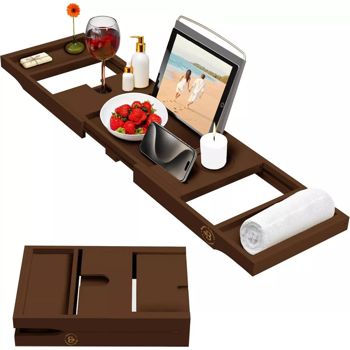 tub Tray for Tub - Bamboo Expandable  Tray with Wine, Book & Tablet Holder - Luxurious Tub Tray,  Caddy, Foldable, Christmas Gift