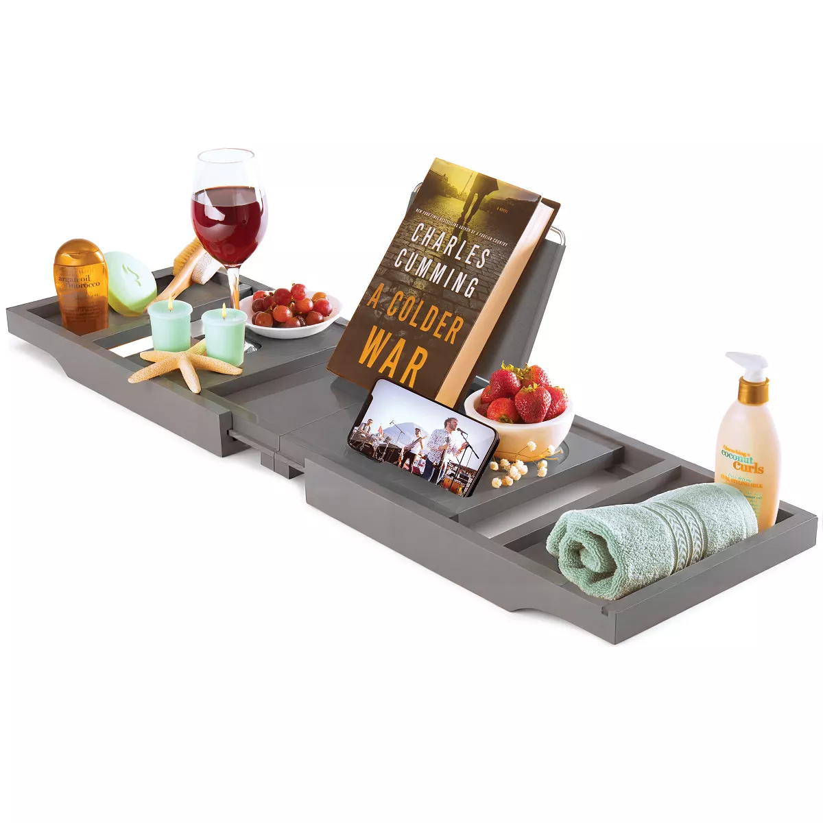 tub Tray for Tub - Bamboo Expandable  Tray with Wine, Book & Tablet Holder - Luxurious Tub Tray,  Caddy, Foldable, Christmas Gift