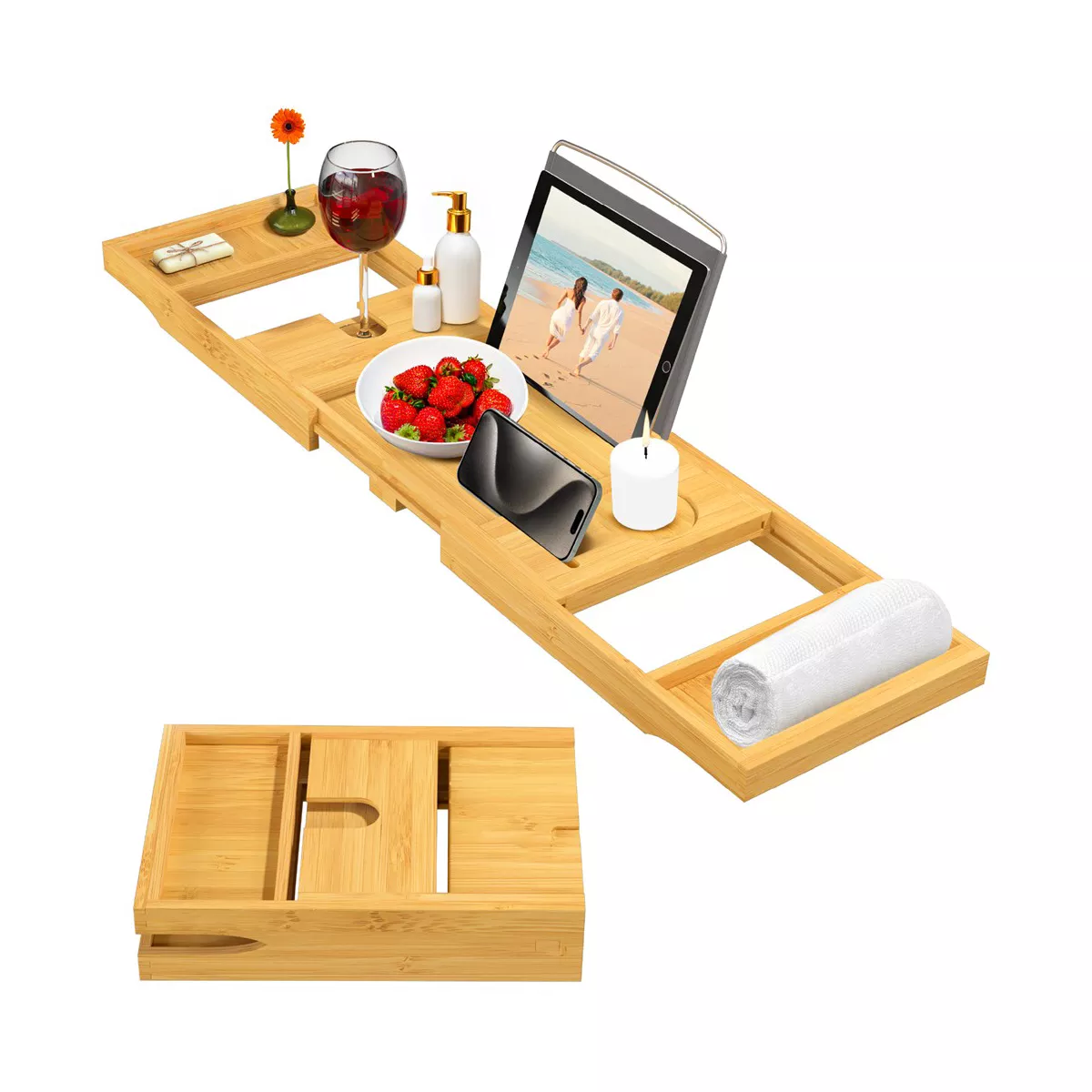 tub Tray for Tub - Bamboo Expandable  Tray with Wine, Book & Tablet Holder - Luxurious Tub Tray,  Caddy, Foldable, Christmas Gift