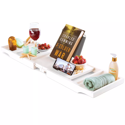 tub Tray for Tub - Bamboo Expandable  Tray with Wine, Book & Tablet Holder - Luxurious Tub Tray,  Caddy, Foldable, Christmas Gift