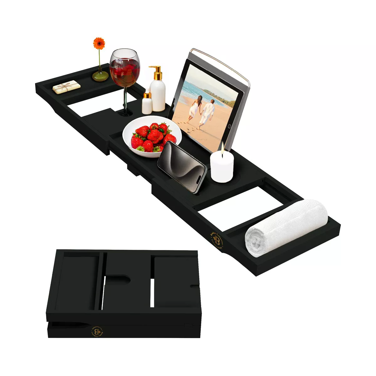 tub Tray for Tub - Bamboo Expandable  Tray with Wine, Book & Tablet Holder - Luxurious Tub Tray,  Caddy, Foldable, Christmas Gift