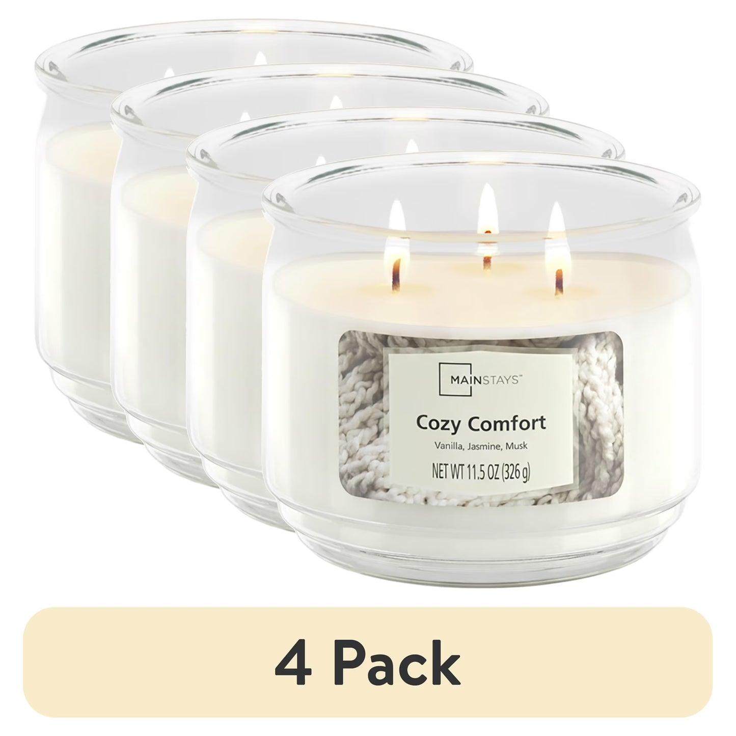 (4 Pack)  3-Wick Scented Glass Jar Candle, Cozy Comfort, 11.5Oz.