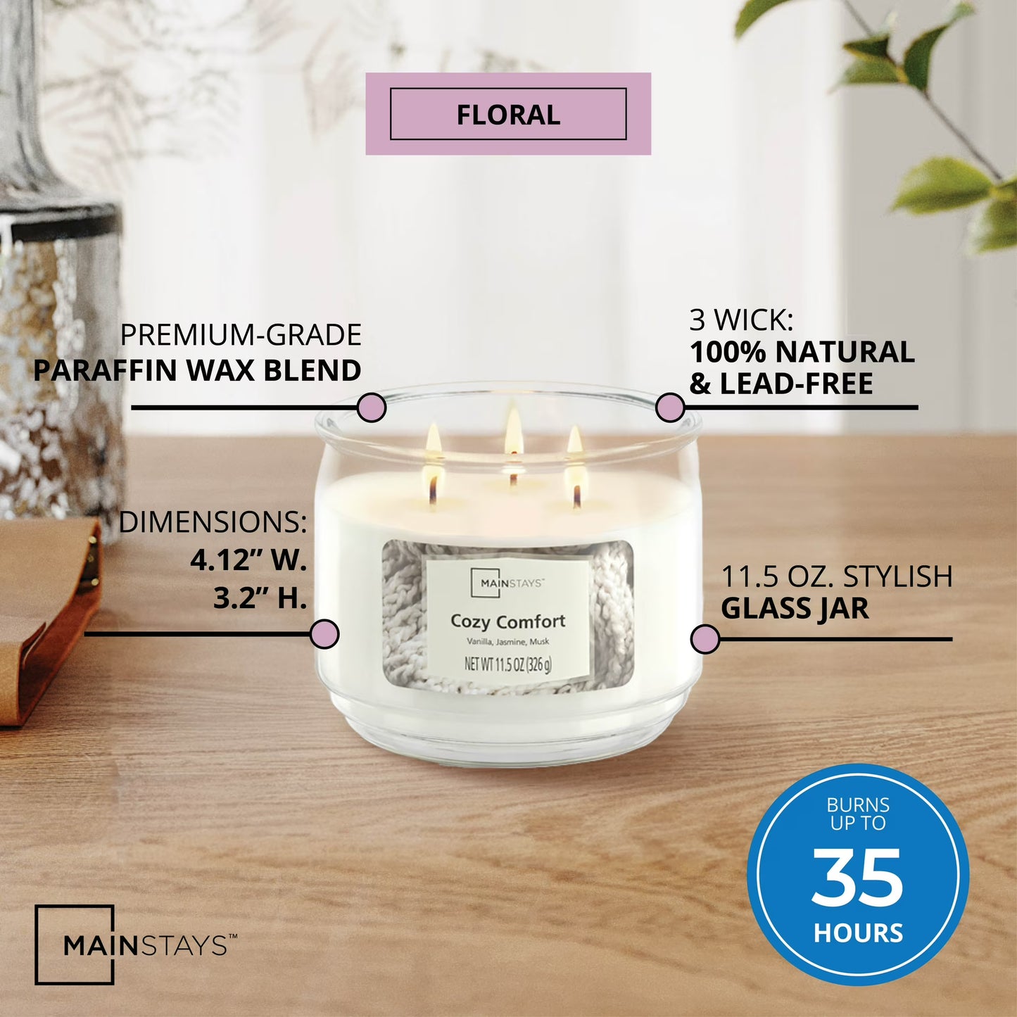(4 Pack)  3-Wick Scented Glass Jar Candle, Cozy Comfort, 11.5Oz.