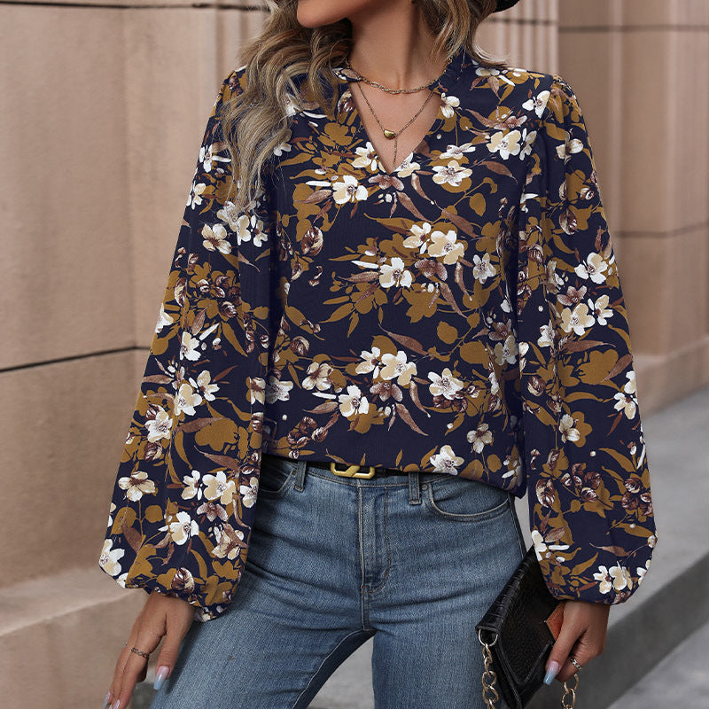 Arabesque Women's New V-Neck Floral Print Long-Sleeved French Retro Shirt