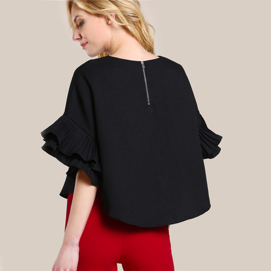 Dalilah Round Neck Lotus Leaf Double Layer Flared Sleeve Short Fashion Top