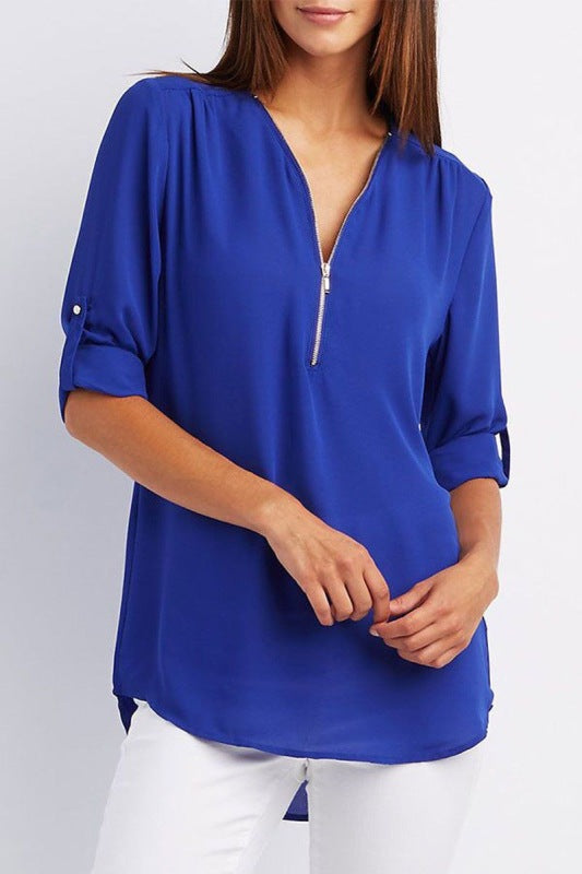 Lysandra V-Neck Zipper Large Size Women's Long-Sleeved Pull-Sleeve Loose Commuter Chiffon Shirt